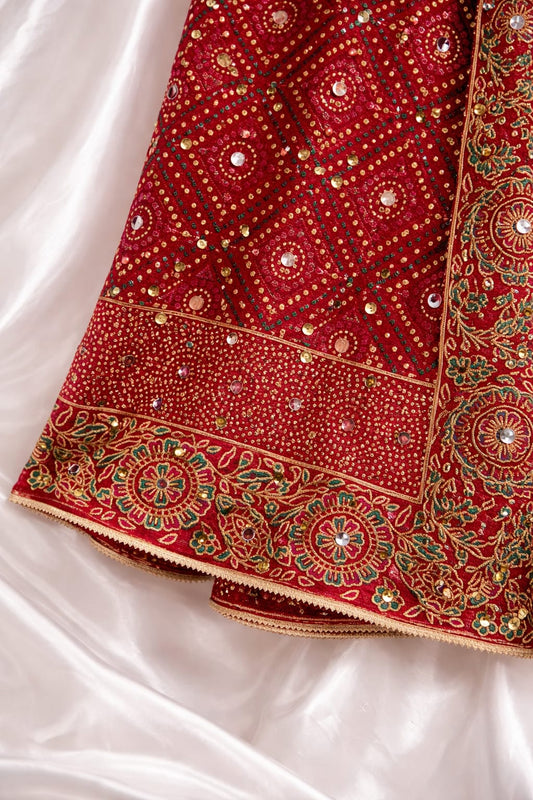 Artistic Red Chiffon Block Print Design With Mirror Work And Sequin Embroidery