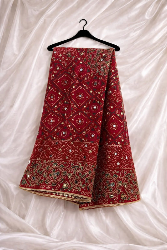 Artistic Red Chiffon Block Print Design With Mirror Work And Sequin Embroidery