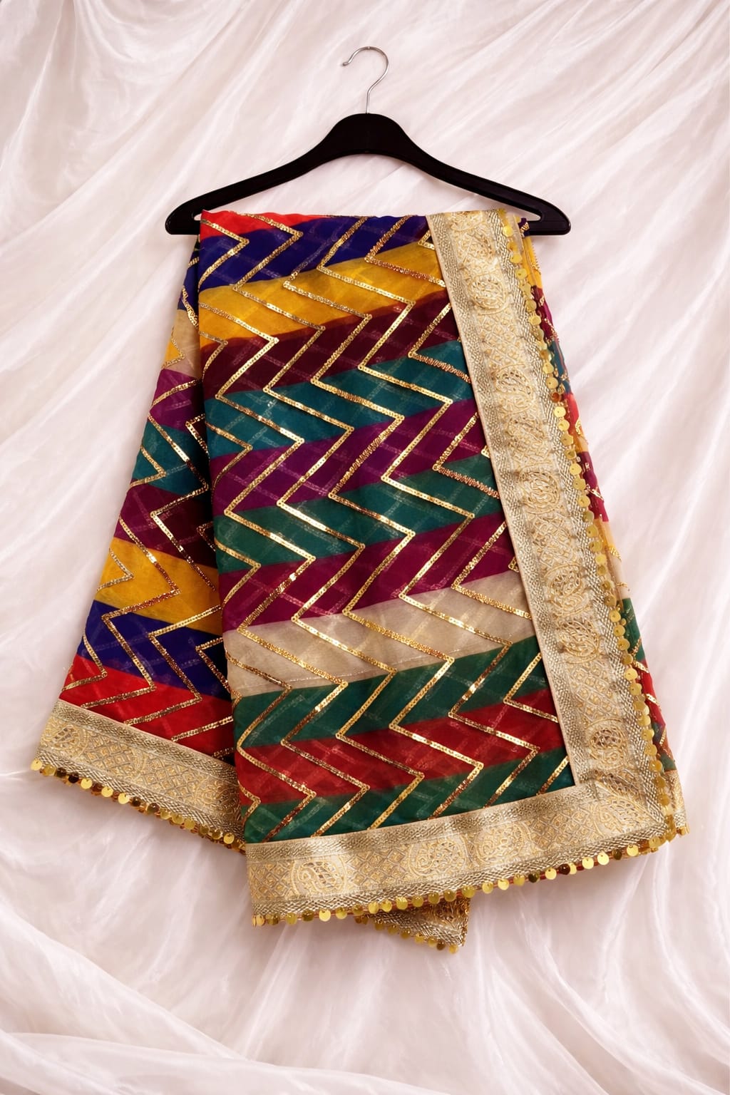Festive Multi Chiffon Zig-Zag Lace With All Sides Golden Lace Border