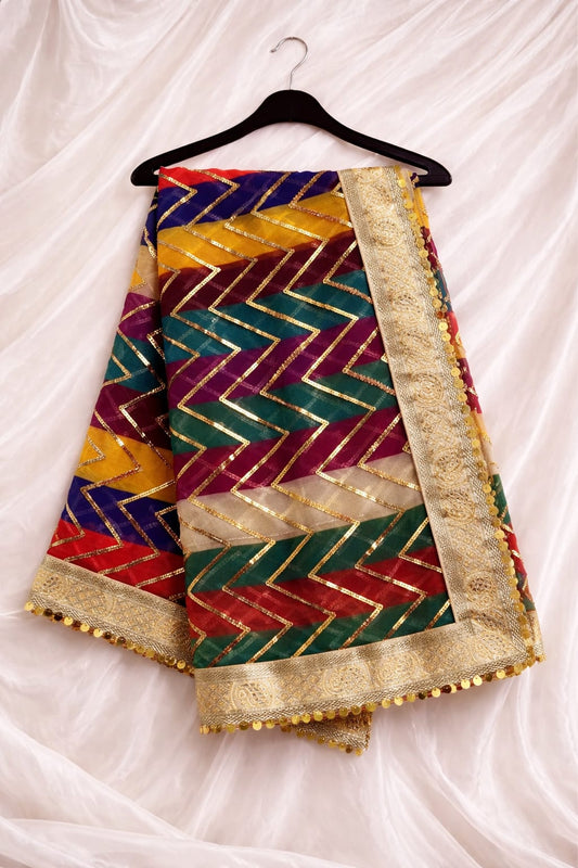 Festive Multi Chiffon Zig-Zag Lace With All Sides Golden Lace Border
