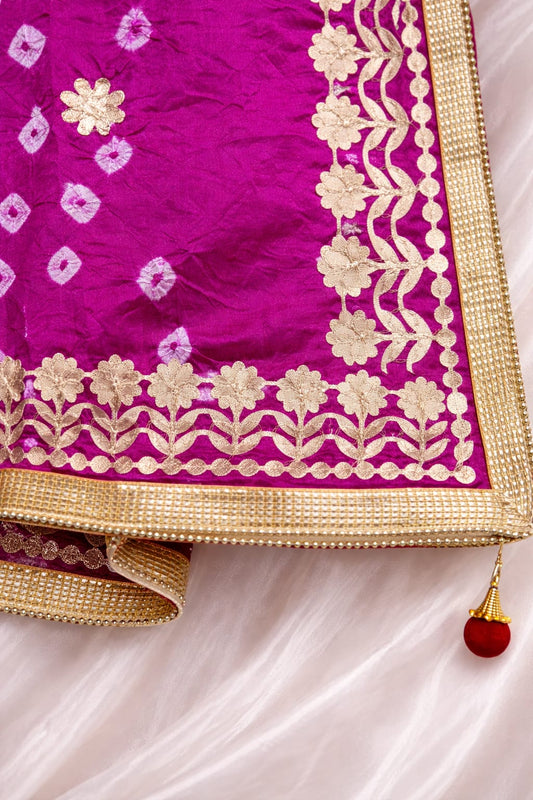 Indian Pink Silk Floral Gota Work With All Sides Heavy Border With Handmade Tassels On Corner