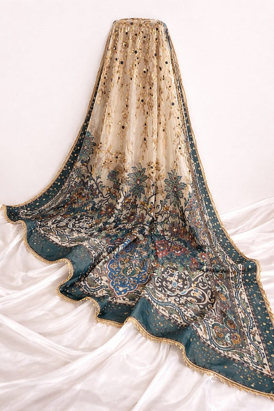 Premium Double Shade Teal Green Fawn Metallic Gold Zari With Mirror And Sequin Border