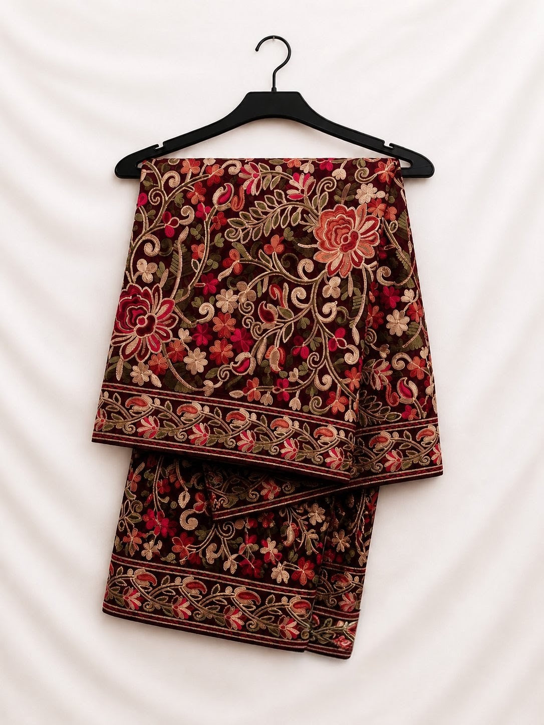 Elegant Maroon Fancy Chiffon Multi Embroidery With Full (Heavy) Threadwork