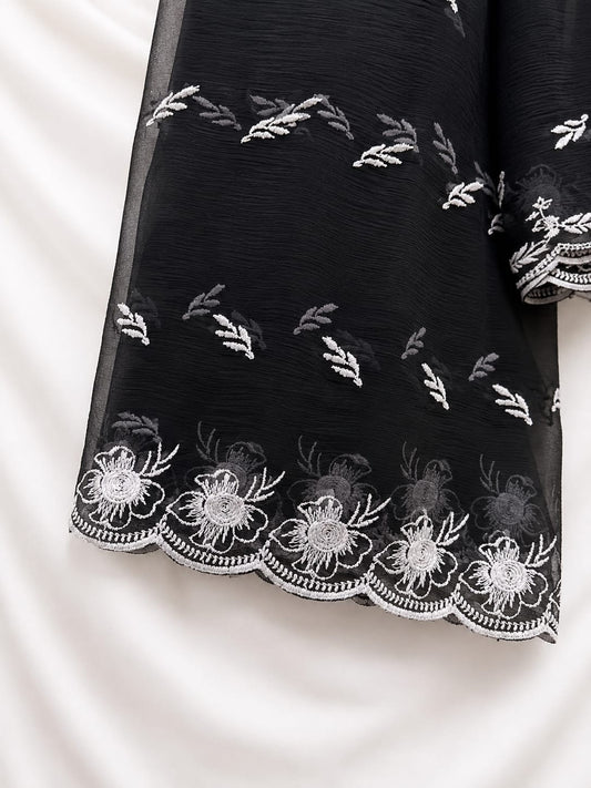 Black Chiffon With White Petal Thread Work
