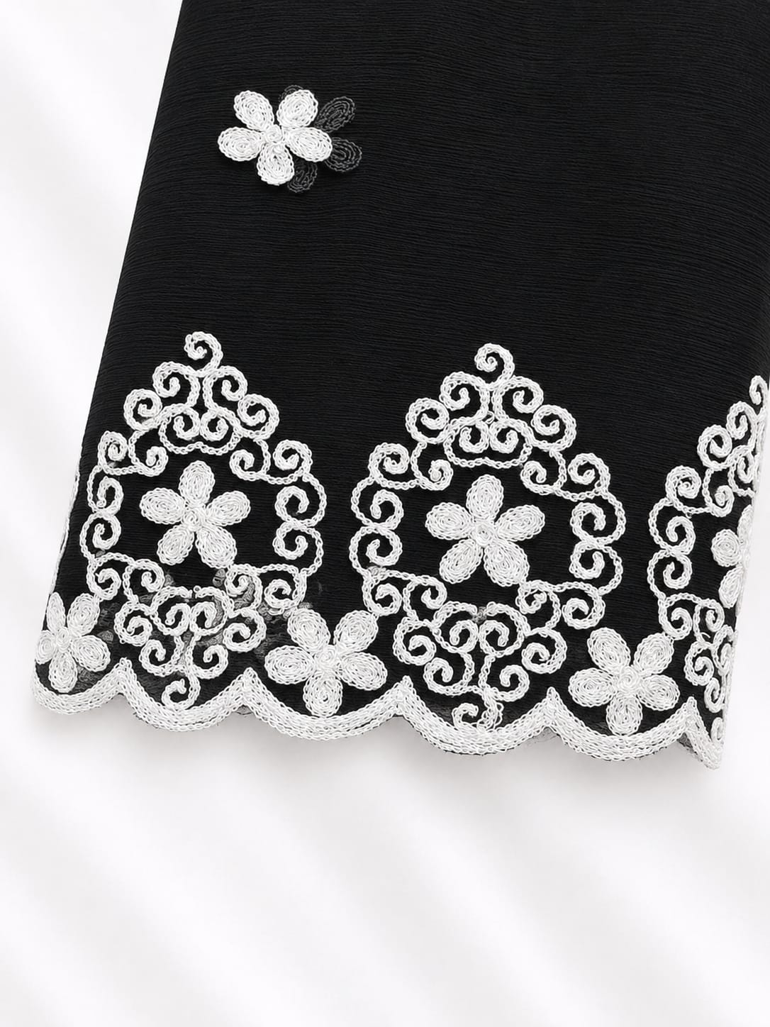 Black Chiffon With White Flower Thread Work