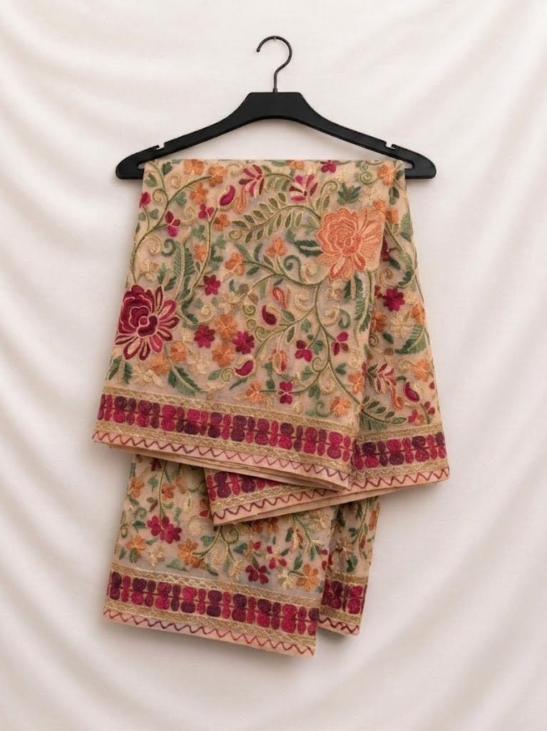 Elegant Peach Fancy Chiffon Multi Embroidery With Full (Heavy) Threadwork