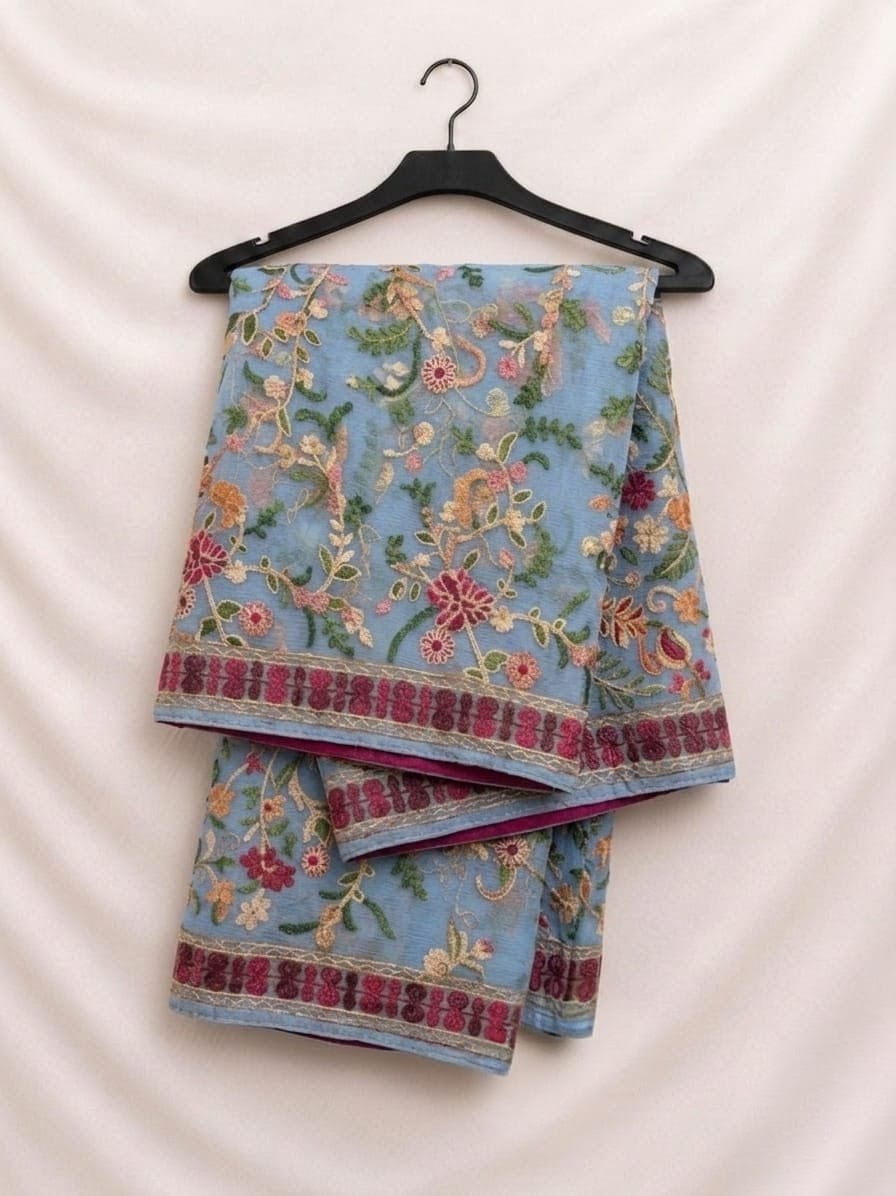 Elegant Sky Blue Fancy Chiffon Multi Embroidery With Full (Light) Threadwork