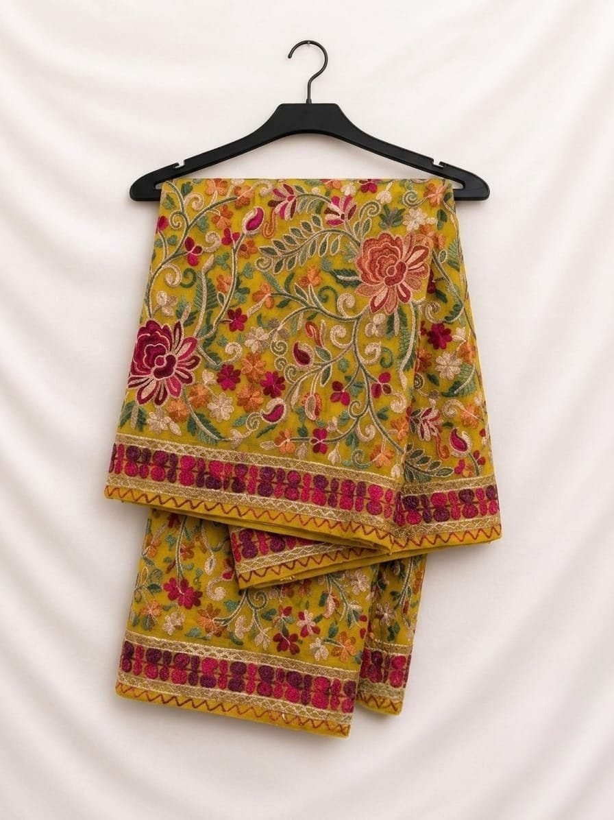 Elegant Mustard Fancy Chiffon Multi Embroidery With Full (Heavy) Threadwork
