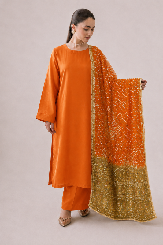 Premium Double Shade Silk Orange Fawn Block Print Chunri Pattern With Mirror, Pearls And Sequin Work