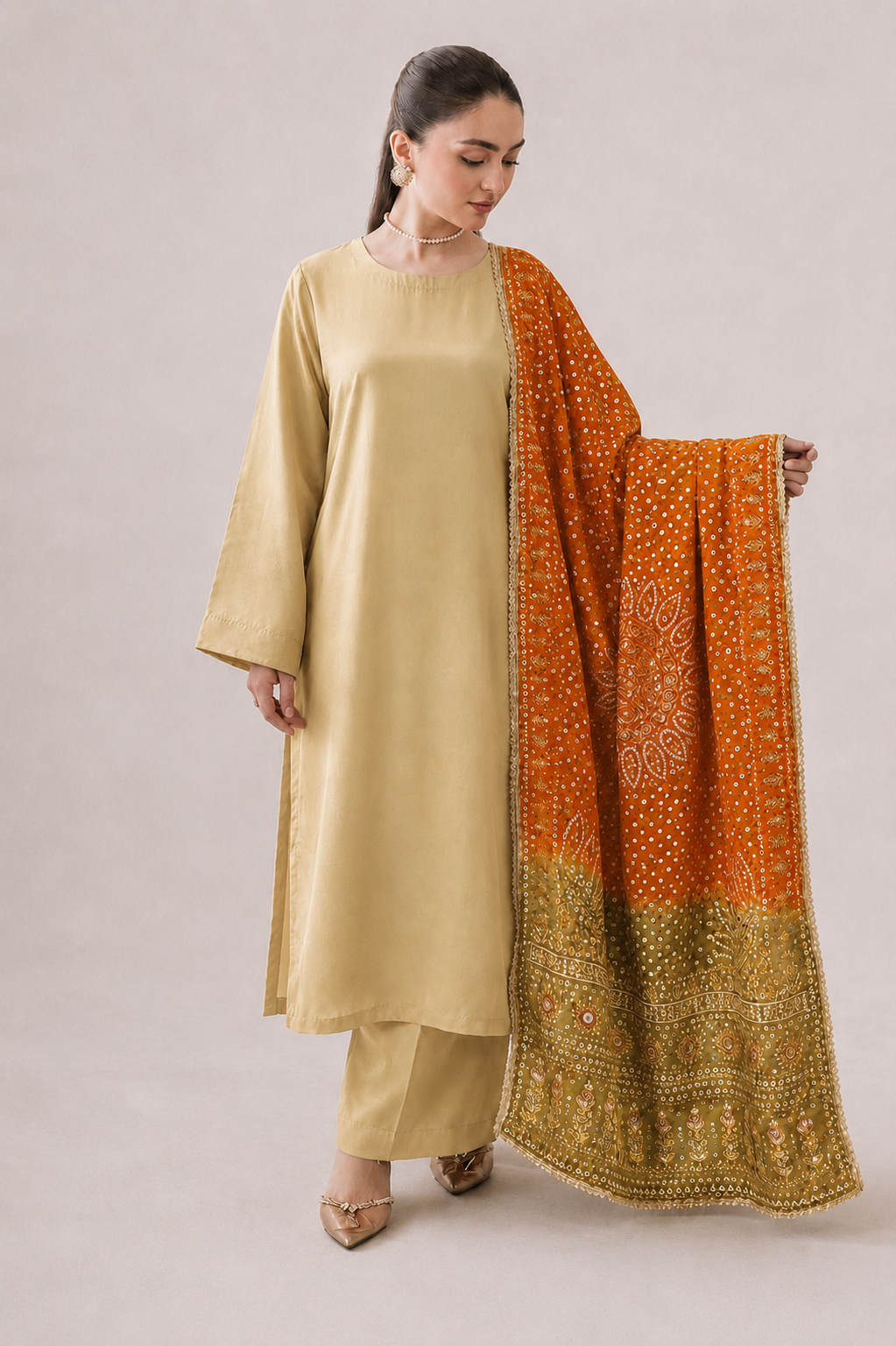 Premium Double Shade Silk Orange Fawn Block Print Chunri Pattern With Mirror, Pearls And Sequin Work
