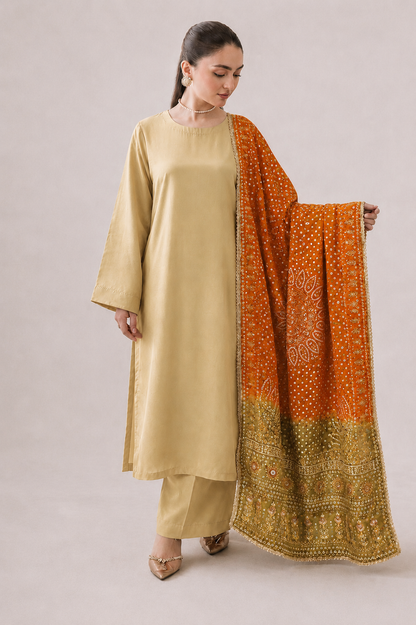 Premium Double Shade Silk Orange Fawn Block Print Chunri Pattern With Mirror, Pearls And Sequin Work