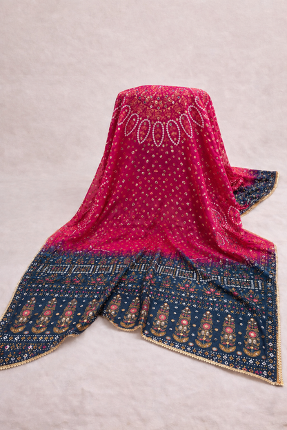 Premium Double Shade Silk Pink Blue Block Print Chunri Pattern With Mirror , Pearls and sequin work