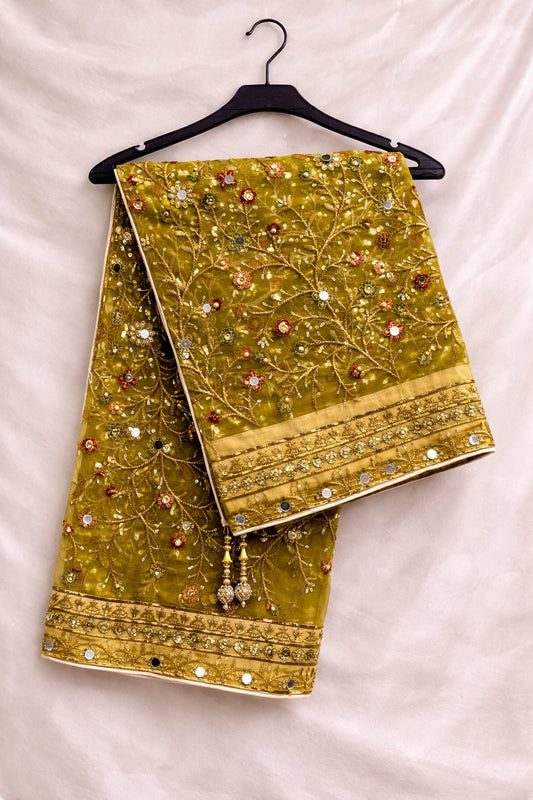 Premium Mehndi Green Organza Abstract With Sequin Mirror Work And Hand Made Tassels On Corner