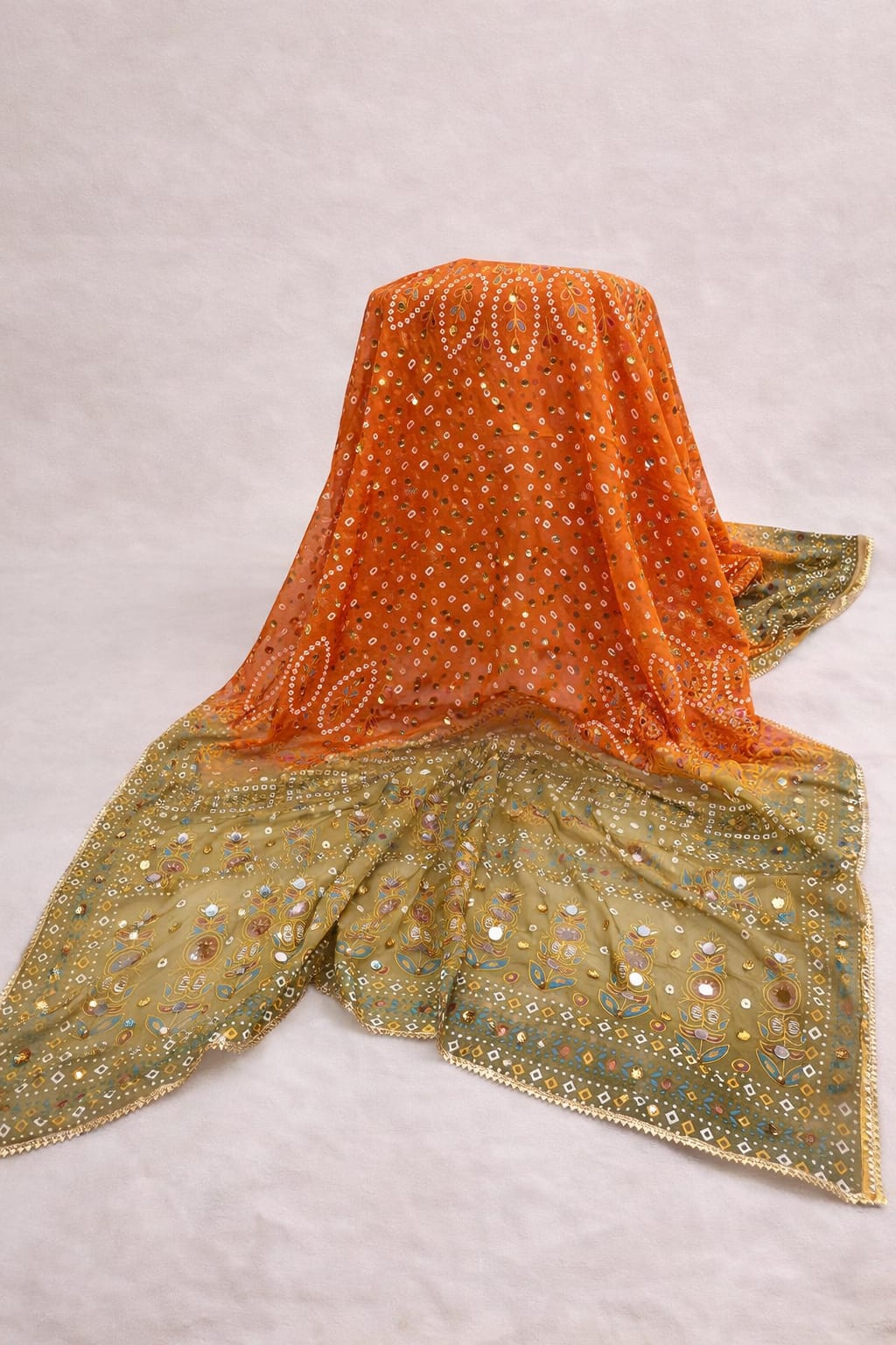 Premium Double Shade Silk Orange Fawn Block Print Chunri Pattern With Mirror, Pearls And Sequin Work