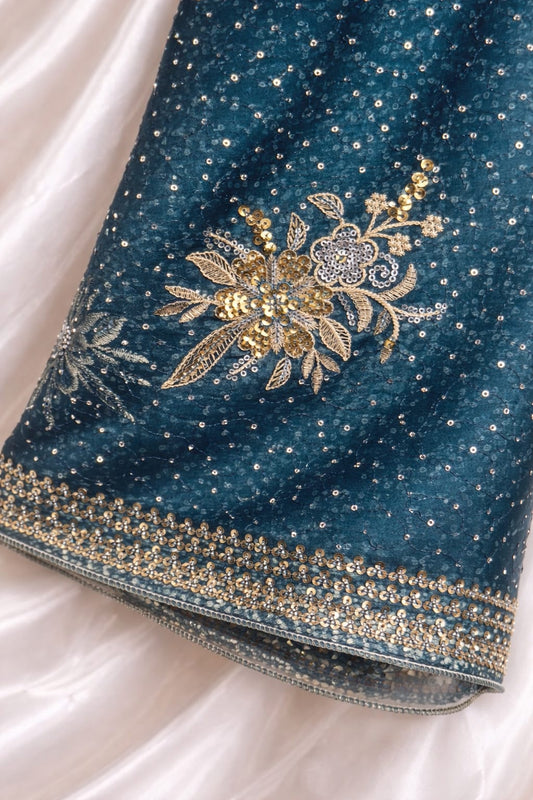 Premium Aqua Blue Organza With Luxurious Muze Metallic Artistry Dual-tone Gold and Silver Blend Embroidery