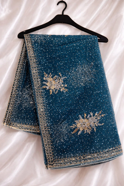 Premium Aqua Blue Organza With Luxurious Muze Metallic Artistry Dual-tone Gold and Silver Blend Embroidery