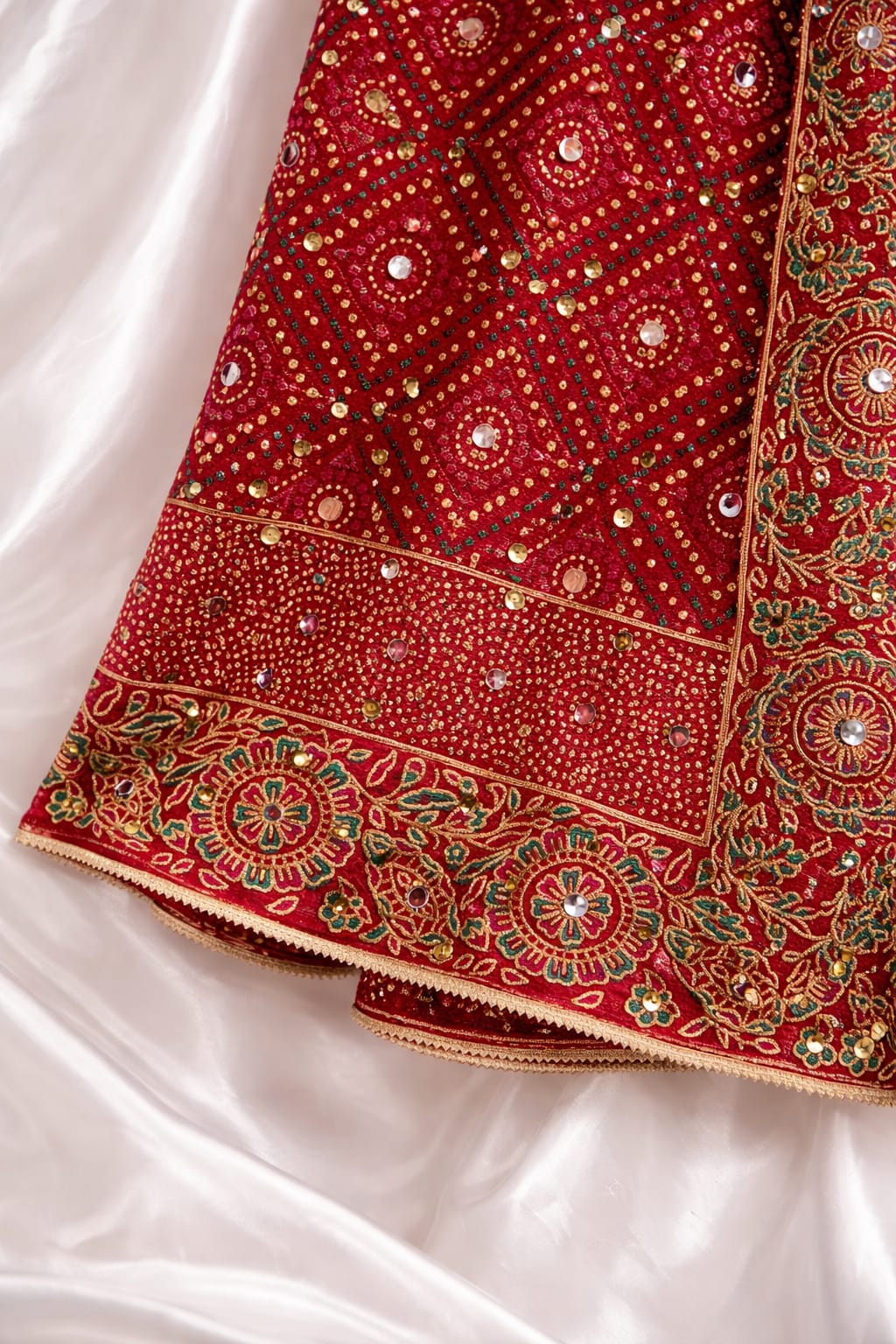 Artistic Red Chiffon Block Print Design With Mirror Work And Sequin Embroidery