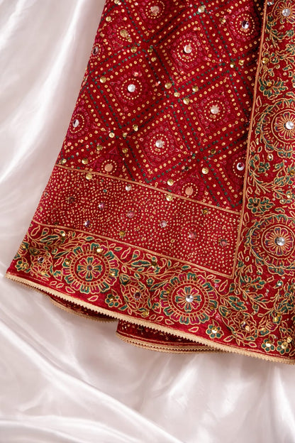 Artistic Red Chiffon Block Print Design With Mirror Work And Sequin Embroidery