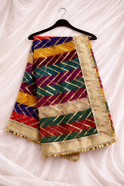 Festive Multi Chiffon Zig-Zag Lace With All Sides Golden Lace Border