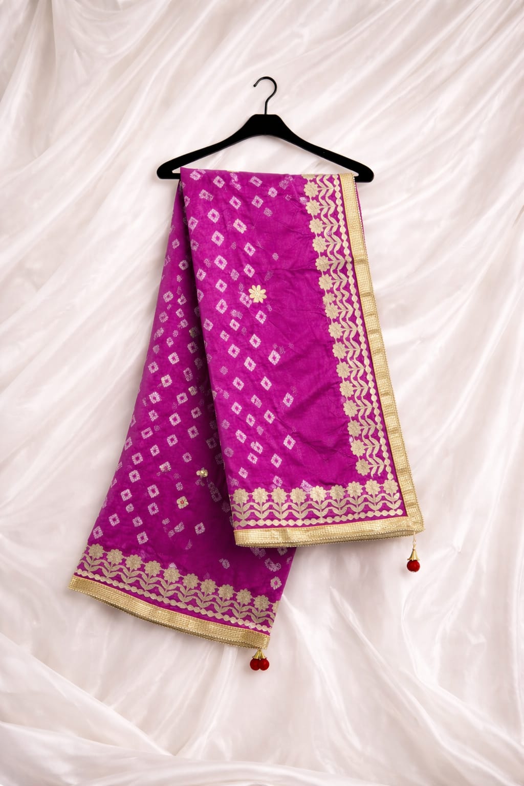 Indian Pink Silk Floral Gota Work With All Sides Heavy Border With Handmade Tassels On Corner