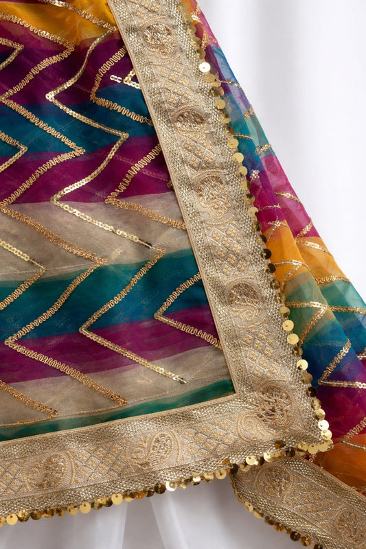 Festive Multi Chiffon Zig-Zag Lace With All Sides Golden Lace Border