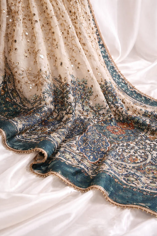 Premium Double Shade Teal Green Fawn Metallic Gold Zari With Mirror And Sequin Border