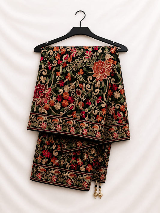 Elegant Black Fancy Chiffon Multi Embroidery With Full (Heavy) Threadwork