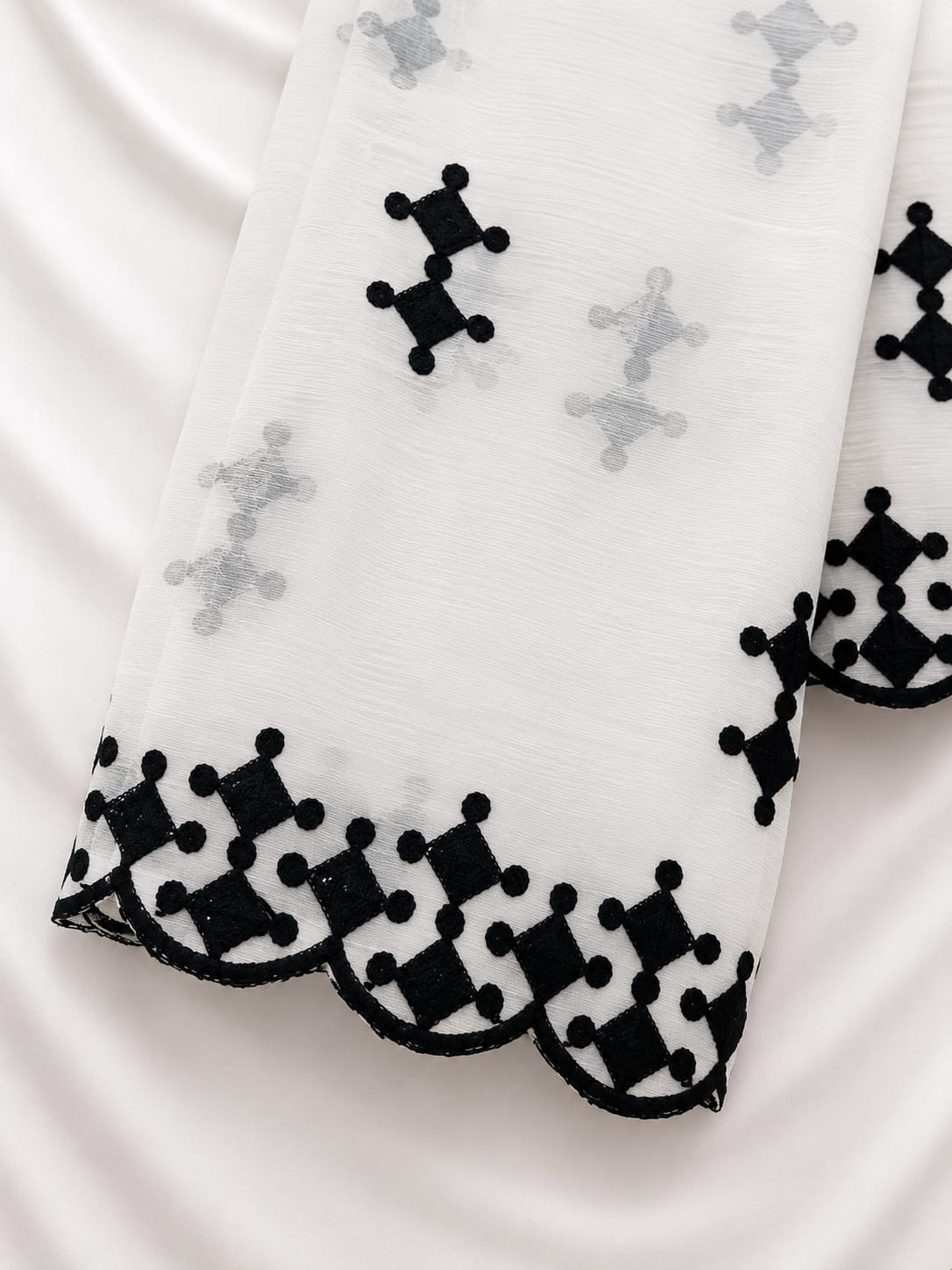 White Chiffon With Black Embroidery Thread Work
