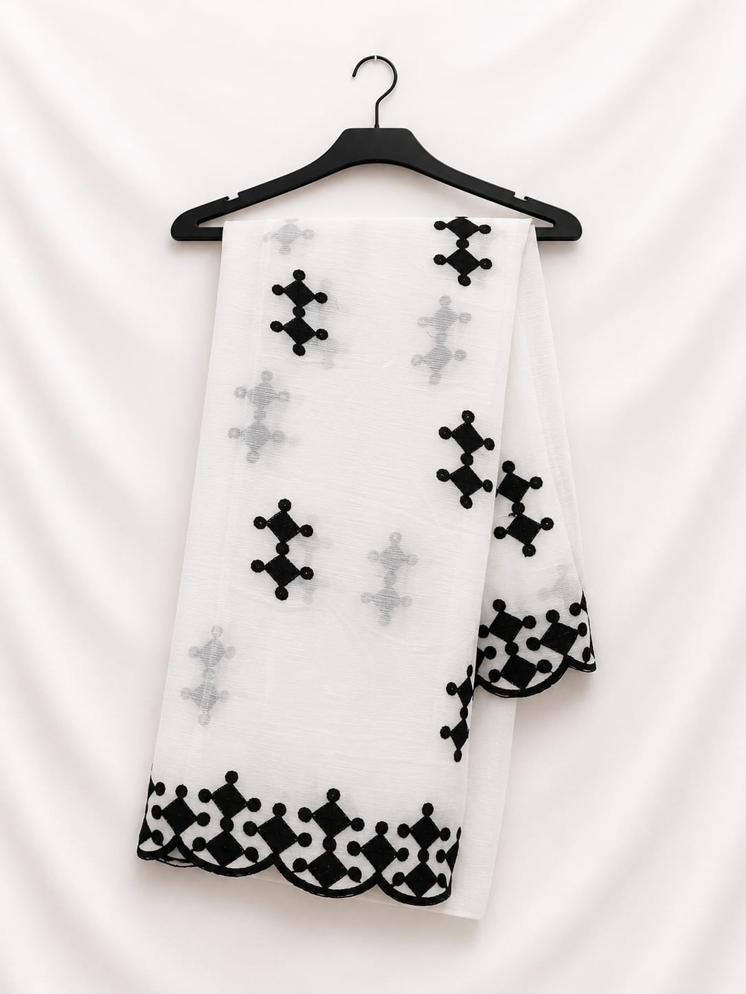 White Chiffon With Black Embroidery Thread Work