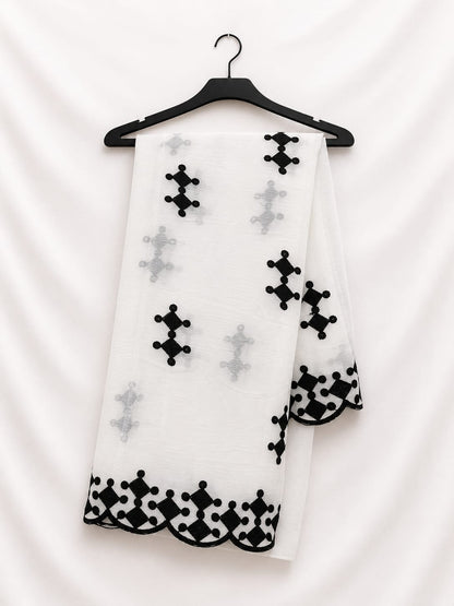 White Chiffon With Black Embroidery Thread Work