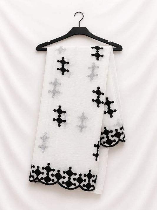 White Chiffon With Black Embroidery Thread Work