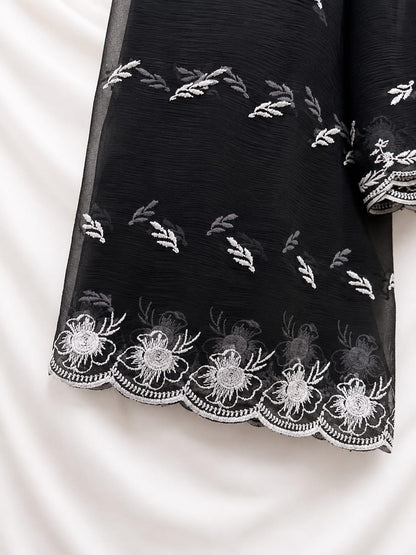 Black Chiffon With White Petal Thread Work