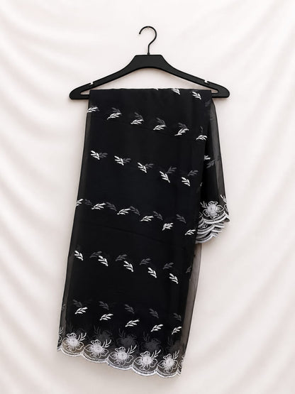 Black Chiffon With White Petal Thread Work