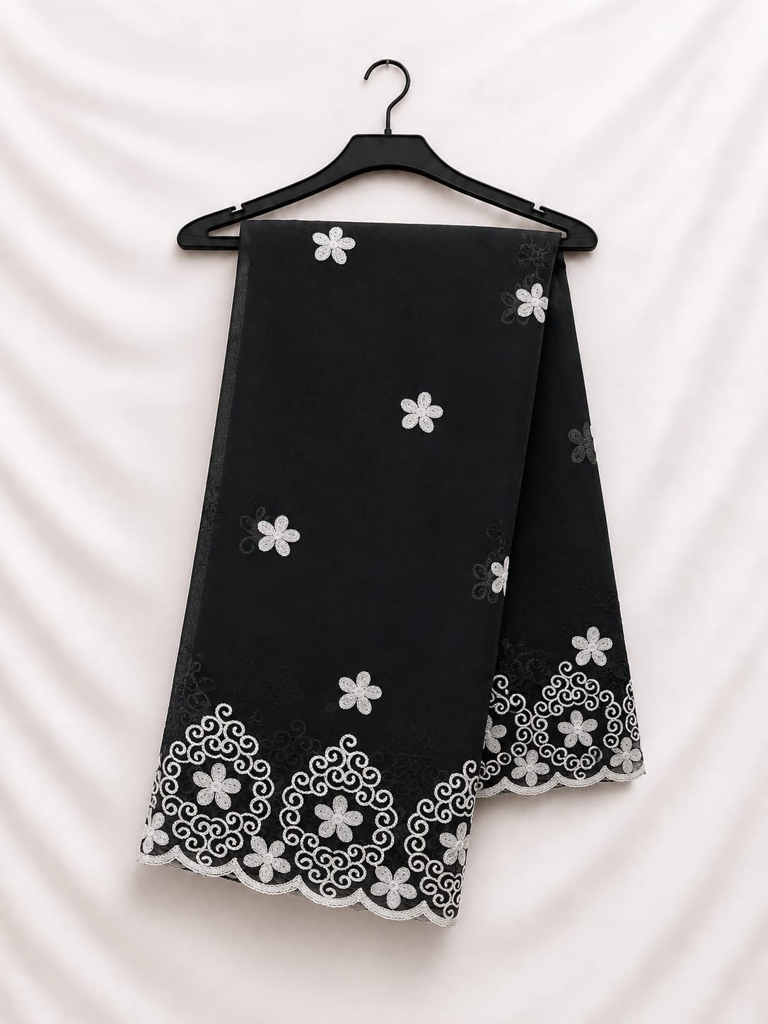 Black Chiffon With White Flower Thread Work