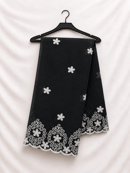 Black Chiffon With White Flower Thread Work