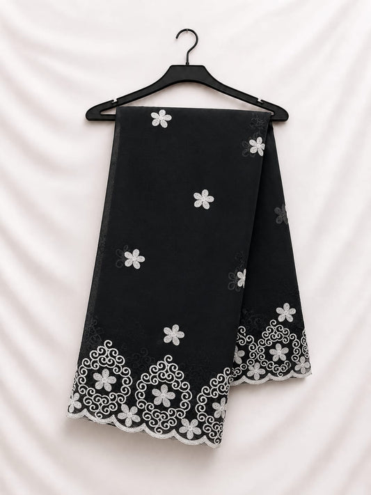 Black Chiffon With White Flower Thread Work