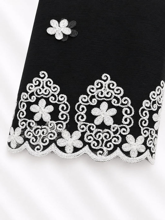 Black Chiffon With White Flower Thread Work