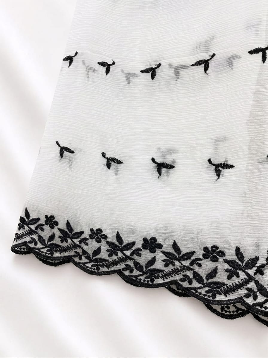 White Chiffon With Black Flower Thread Work