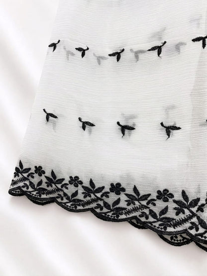 White Chiffon With Black Flower Thread Work