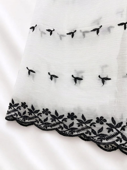 White Chiffon With Black Flower Thread Work