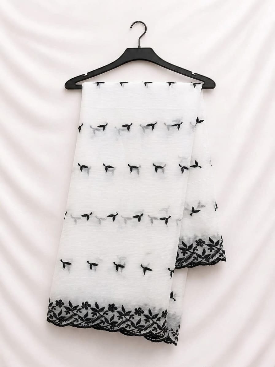 White Chiffon With Black Flower Thread Work