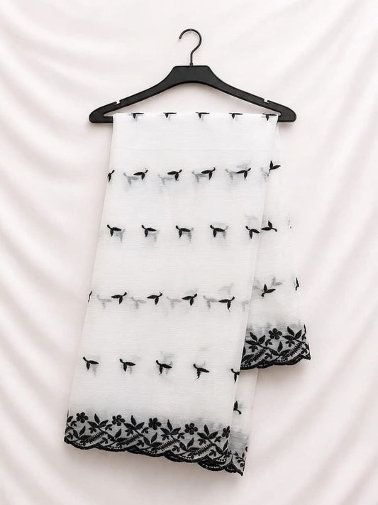 White Chiffon With Black Flower Thread Work
