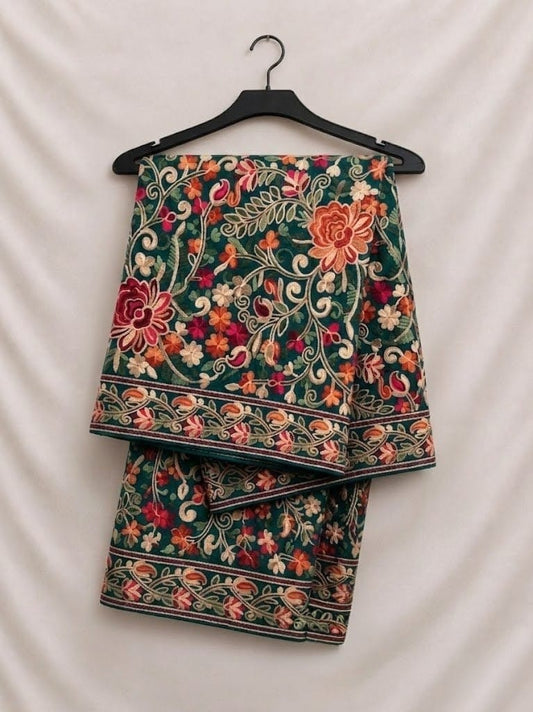 Elegant Bottle Green Fancy Chiffon Multi Embroidery With Full (Heavy) Threadwork