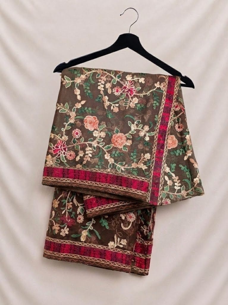 Elegant Coffee Brown Fancy Chiffon Multi Embroidery With Full (Light) Threadwork