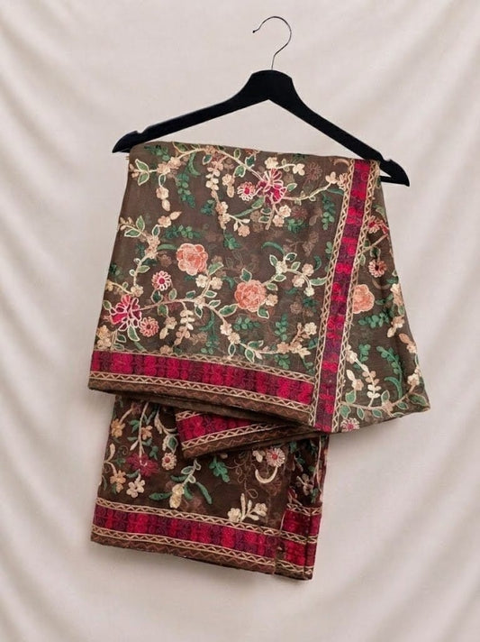 Elegant Coffee Brown Fancy Chiffon Multi Embroidery With Full (Light) Threadwork