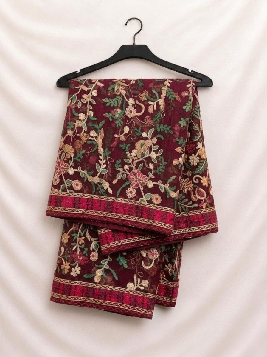 Elegant Maroon Fancy Chiffon Multi Embroidery With Full (Light) Threadwork