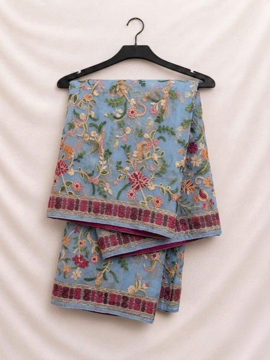 Elegant Sky Blue Fancy Chiffon Multi Embroidery With Full (Light) Threadwork