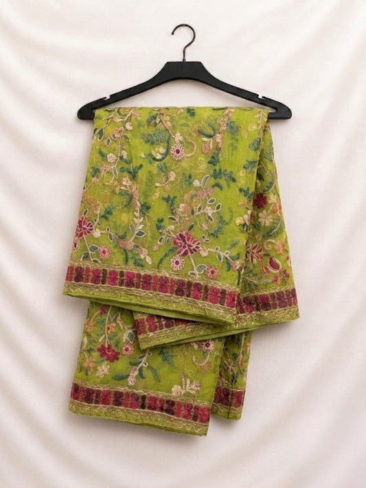 Elegant Dhani Green Fancy Chiffon Multi Embroidery With Full (Light) Threadwork