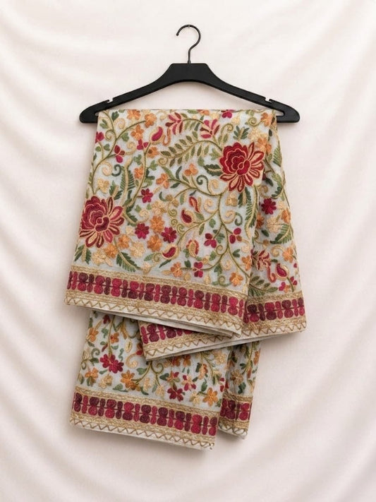Elegant White Fancy Chiffon Multi Embroidery With Full (Heavy) Threadwork
