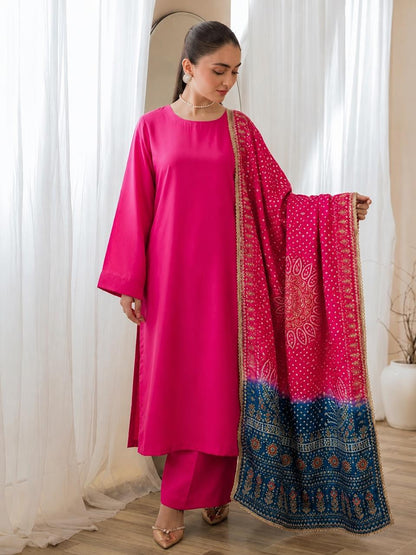Premium Double Shade Silk Pink Blue Block Print Chunri Pattern With Mirror , Pearls and sequin work